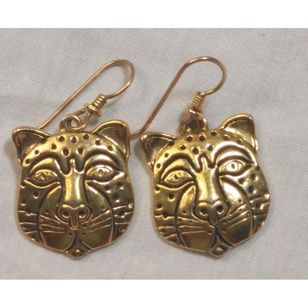 Vintage Earrings Laurel Burch Cat Face Dangle Gold Tone Signed Art Leopard
